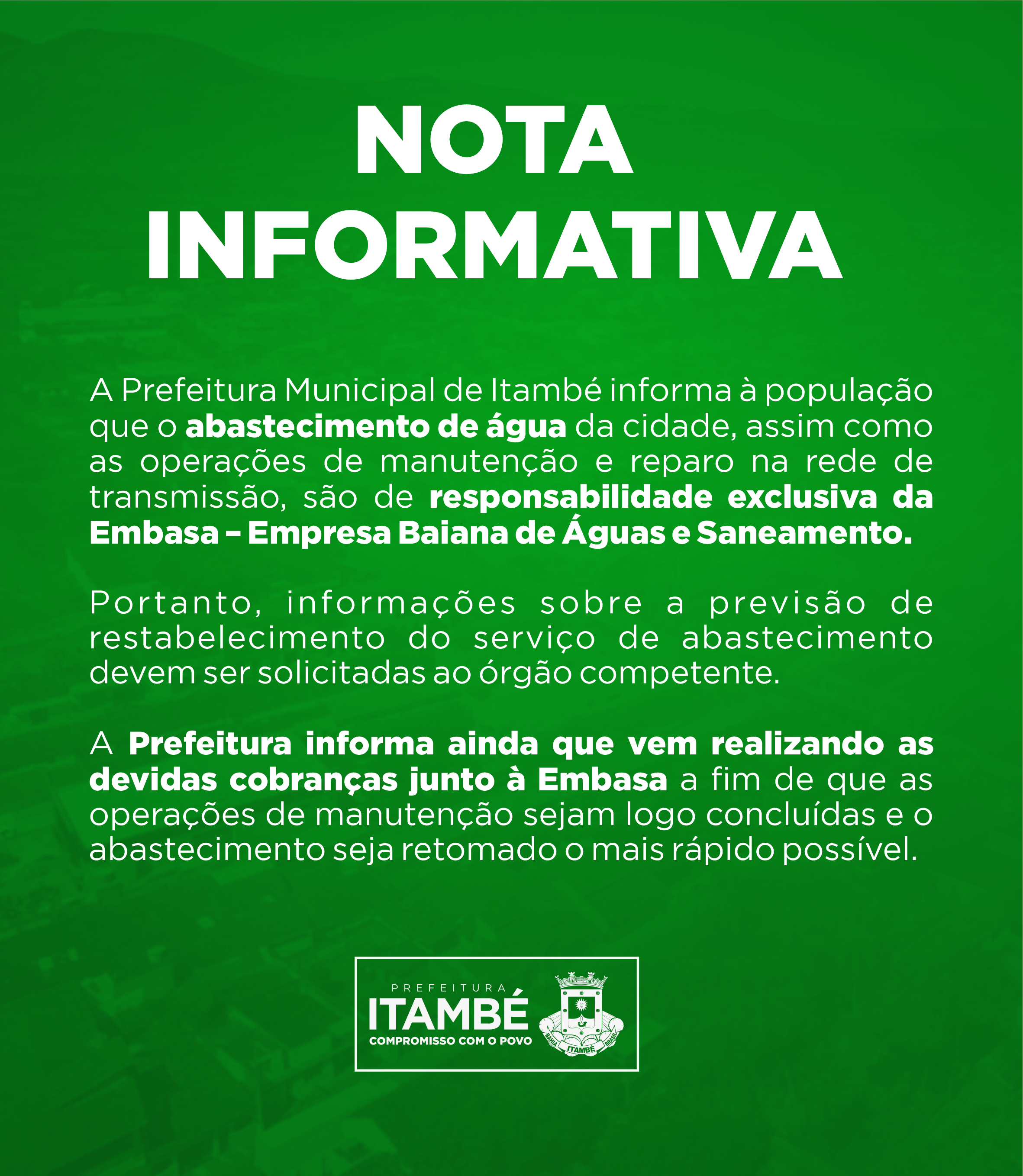Nota Informativa sobre a falta de abastecimento de água em Itambé