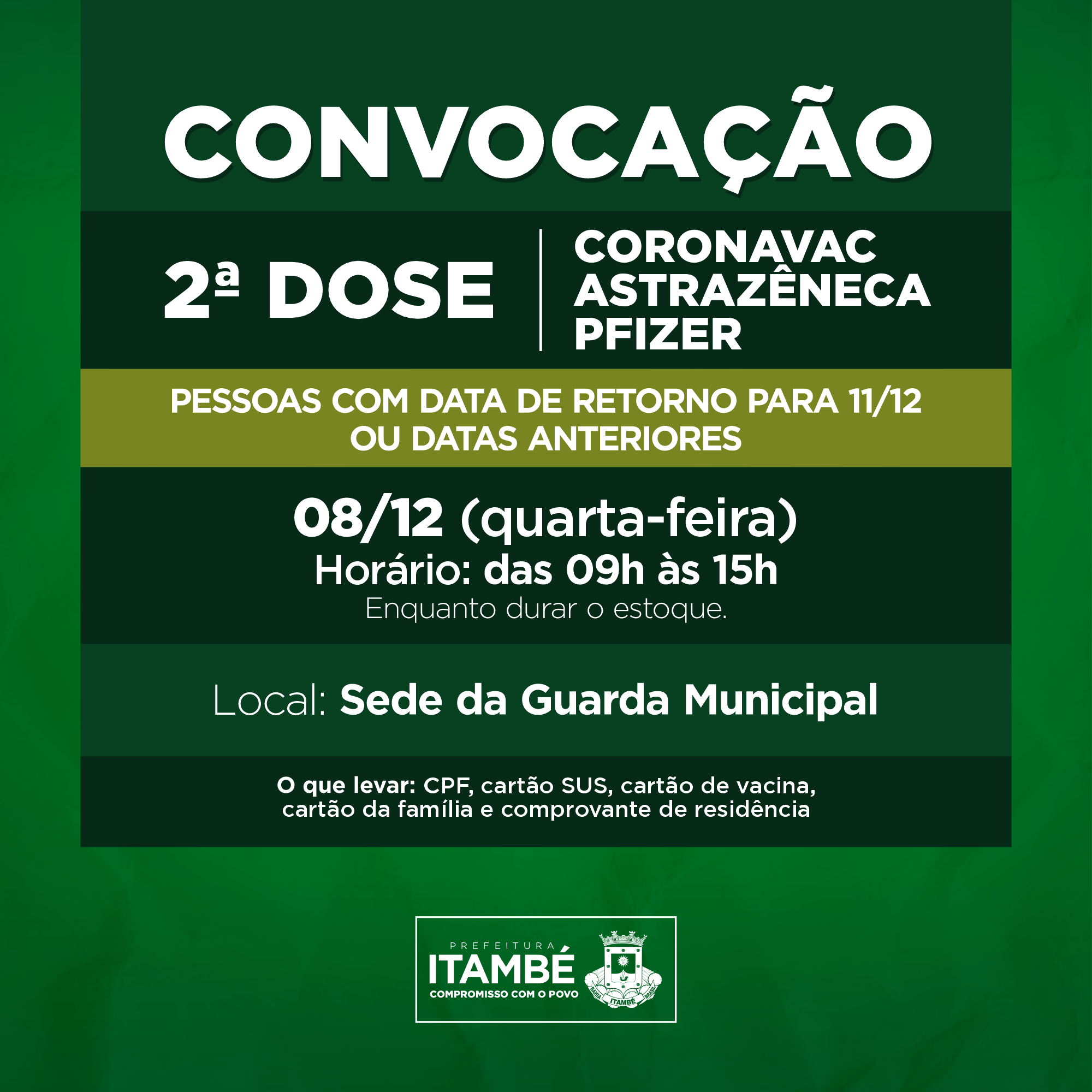 Nesta quarta (08), Itambé segue aplicando a 2ª dose contra a Covid-19