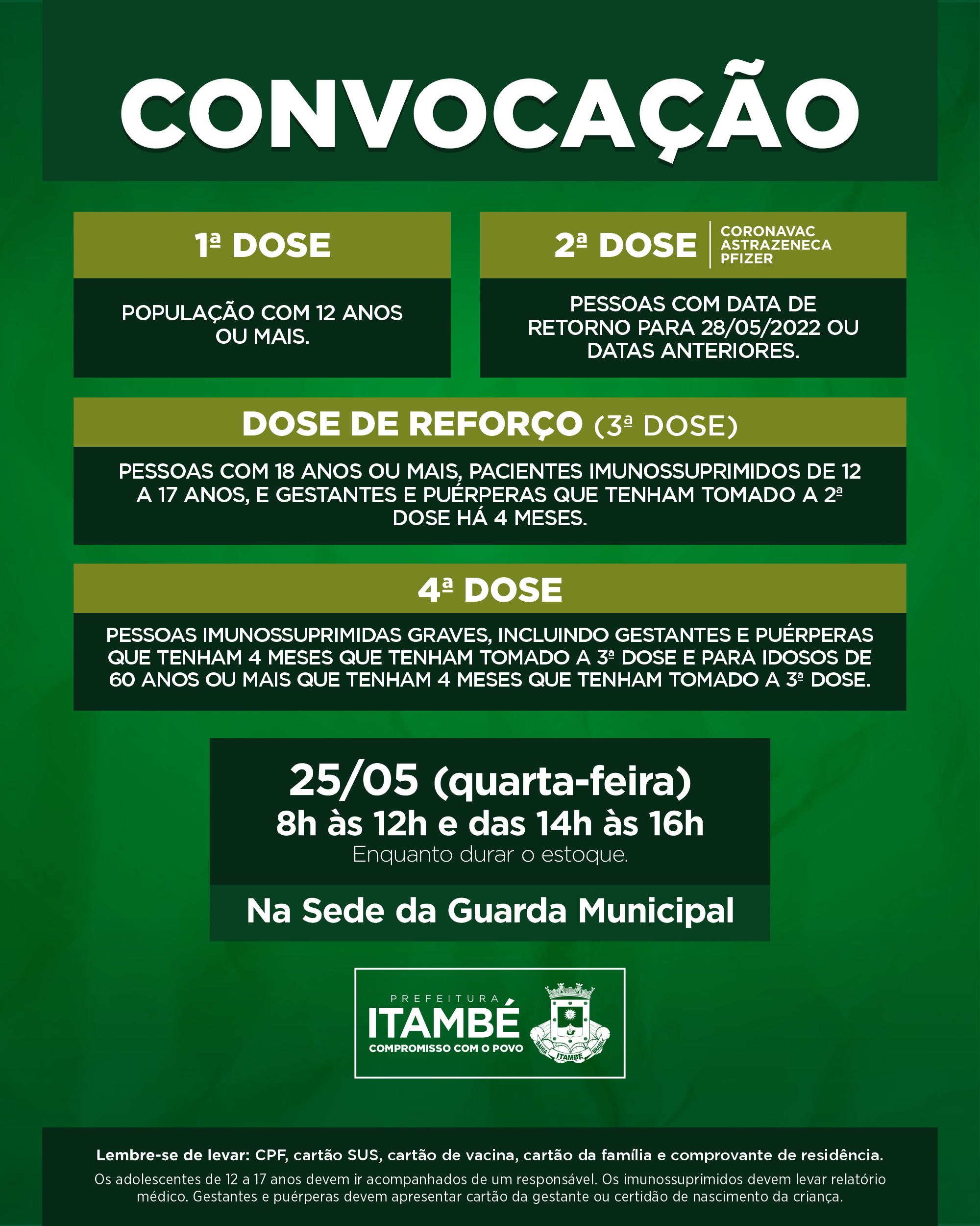 Nesta quarta (25), Itambé segue aplicando 1ª, 2ª, 3ª e 4ª contra a Covid-19
