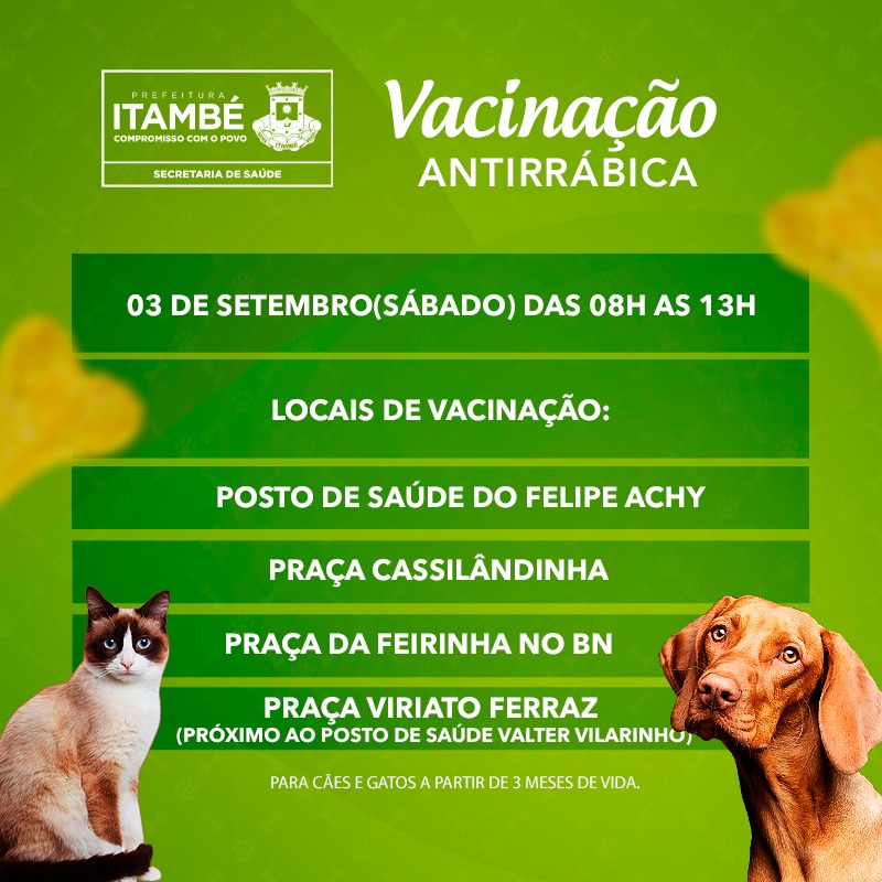 No próximo sábado (03), Itambé vai realizar grande mobilização para vacinação antirrábica