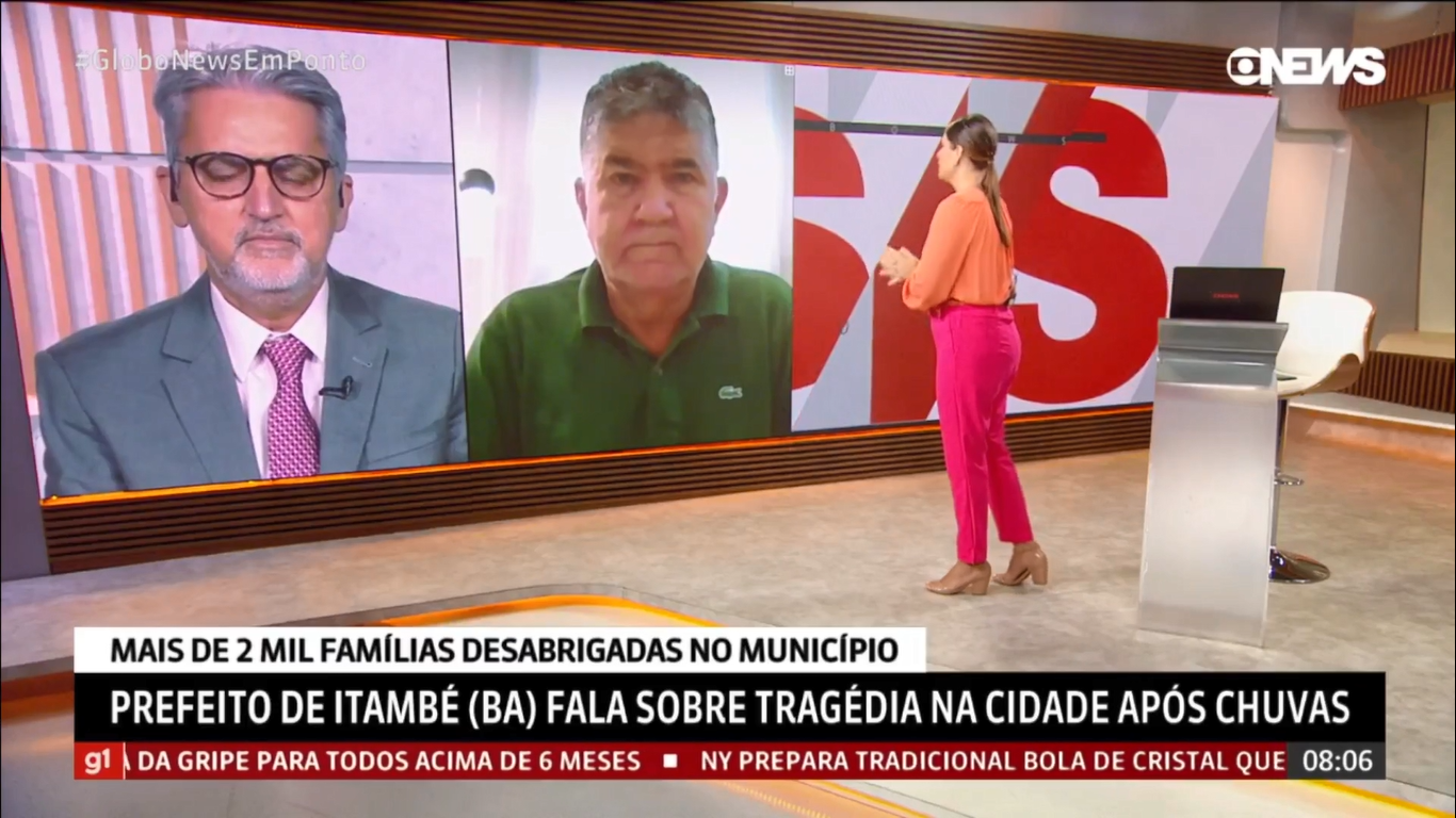 Em entrevista à Globo News, prefeito Candinho fala sobre prejuízos causados pelas chuvas e assistência às famílias atingidas