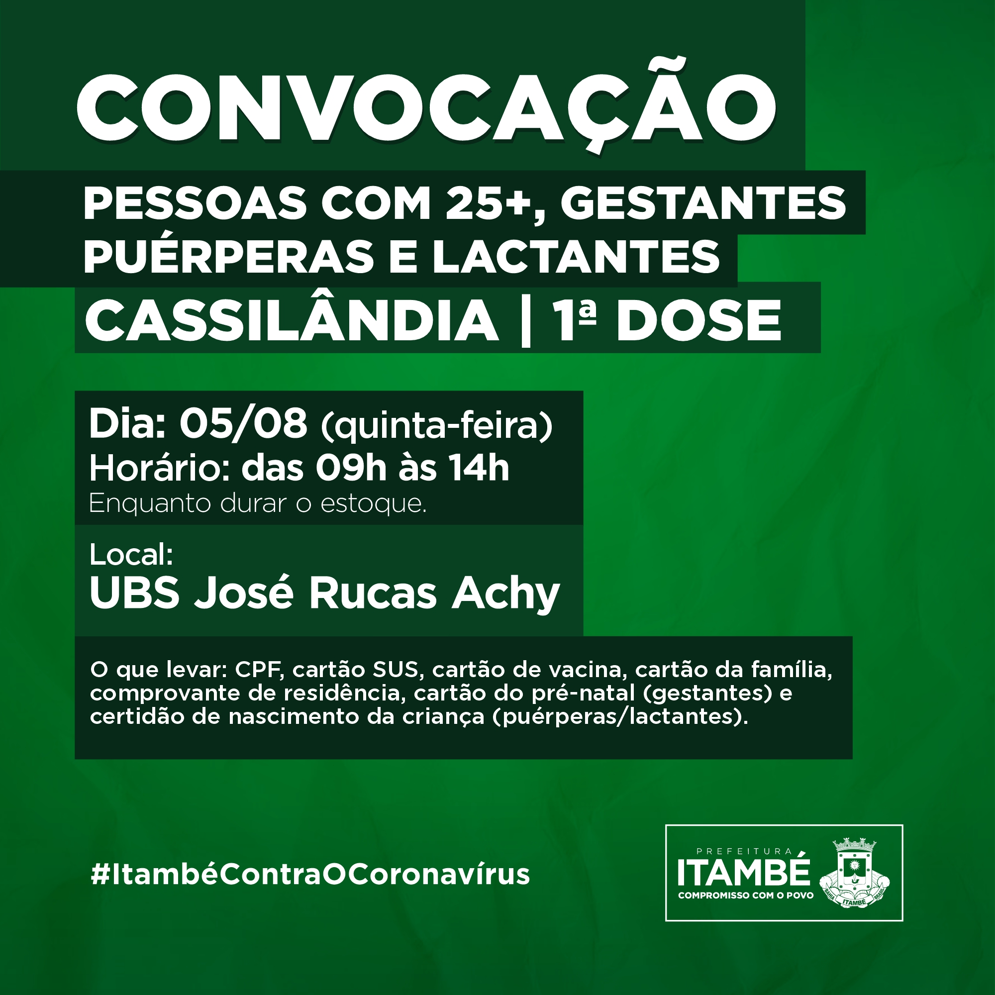 Nesta quinta (05), Cassilândia estará vacinando pessoas acima de 25 anos, gestantes, puérperas e lactantes
