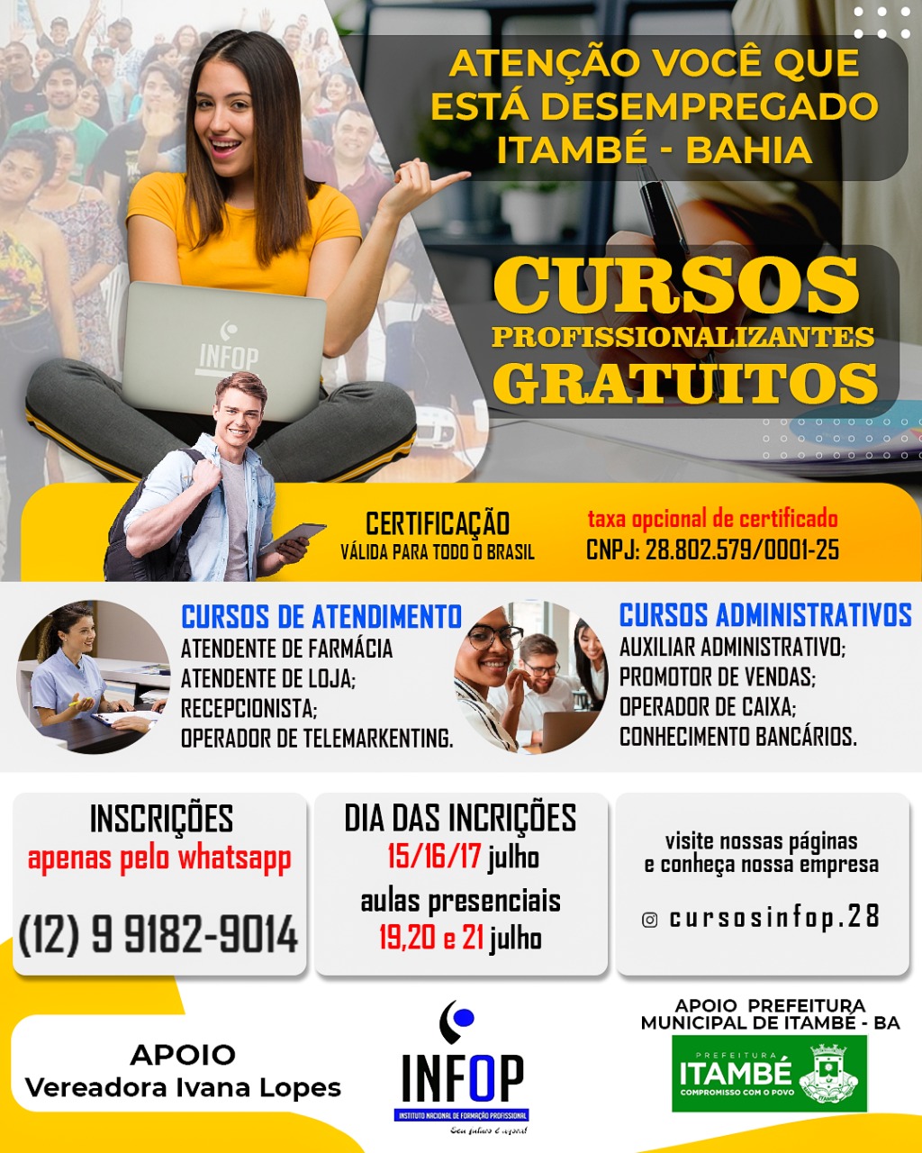 Utilidade pública: INFOP abre inscrições para cursos profissionalizantes em Itambé