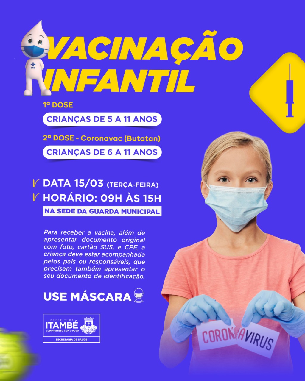 Nesta terça (15), Itambé realiza a vacinação infantil contra Covid-19