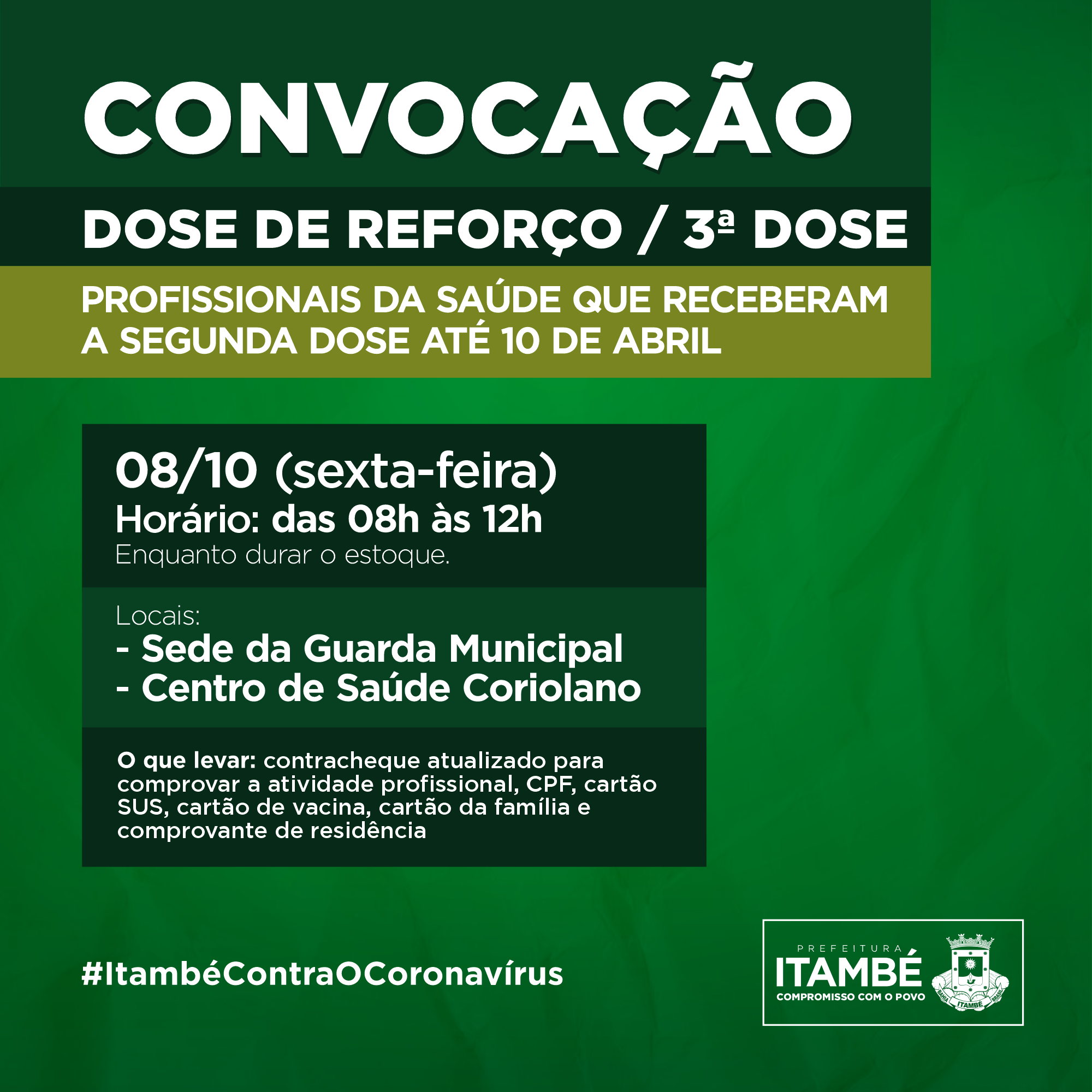 Nesta sexta (08), Itambé estará aplicando a 3ª dose da vacina nos profissionais de saúde em atuação