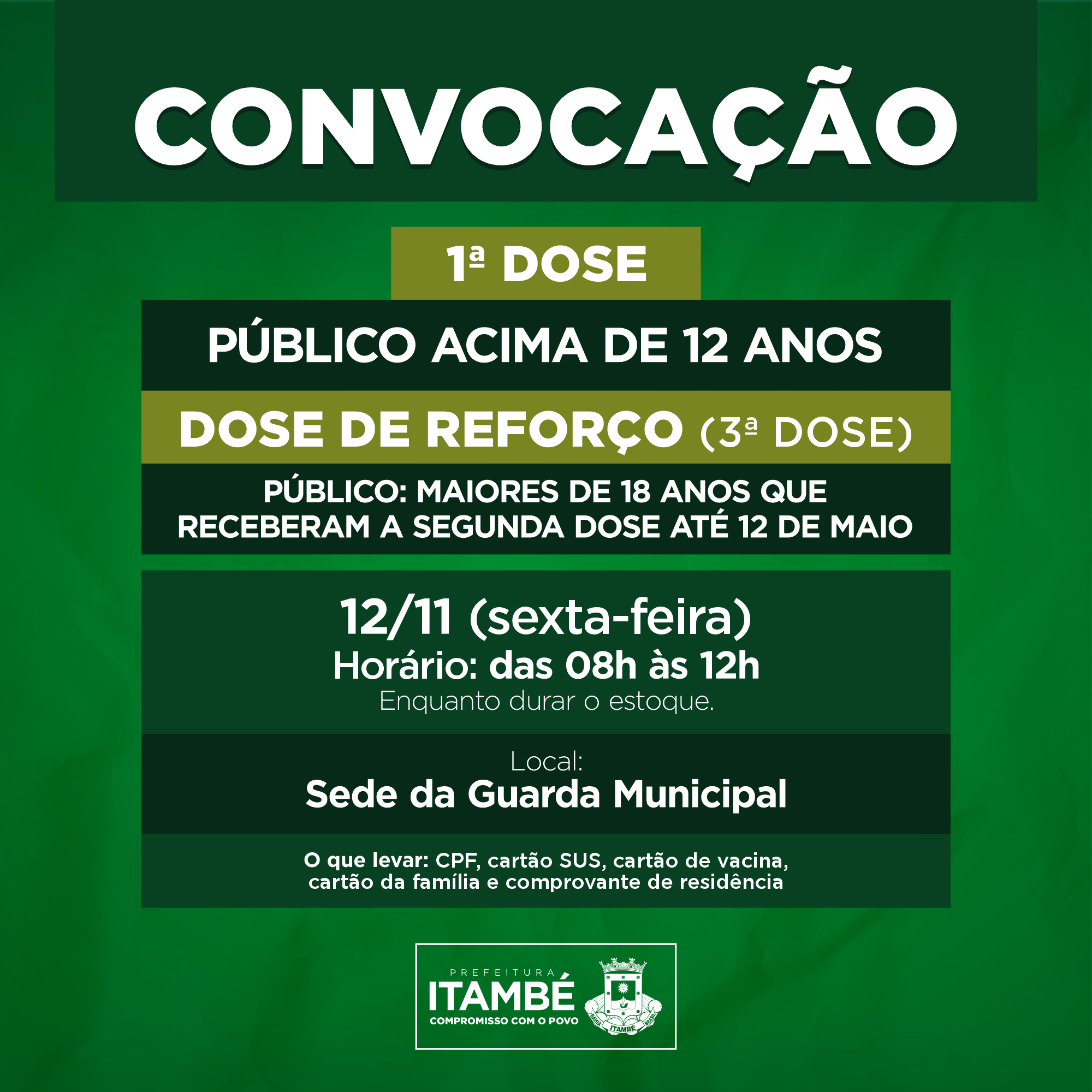 Nesta sexta (12), Itambé segue aplicando a 1ª dose no público com 12 ou mais e amplia dose de reforço para pessoas acima de 18