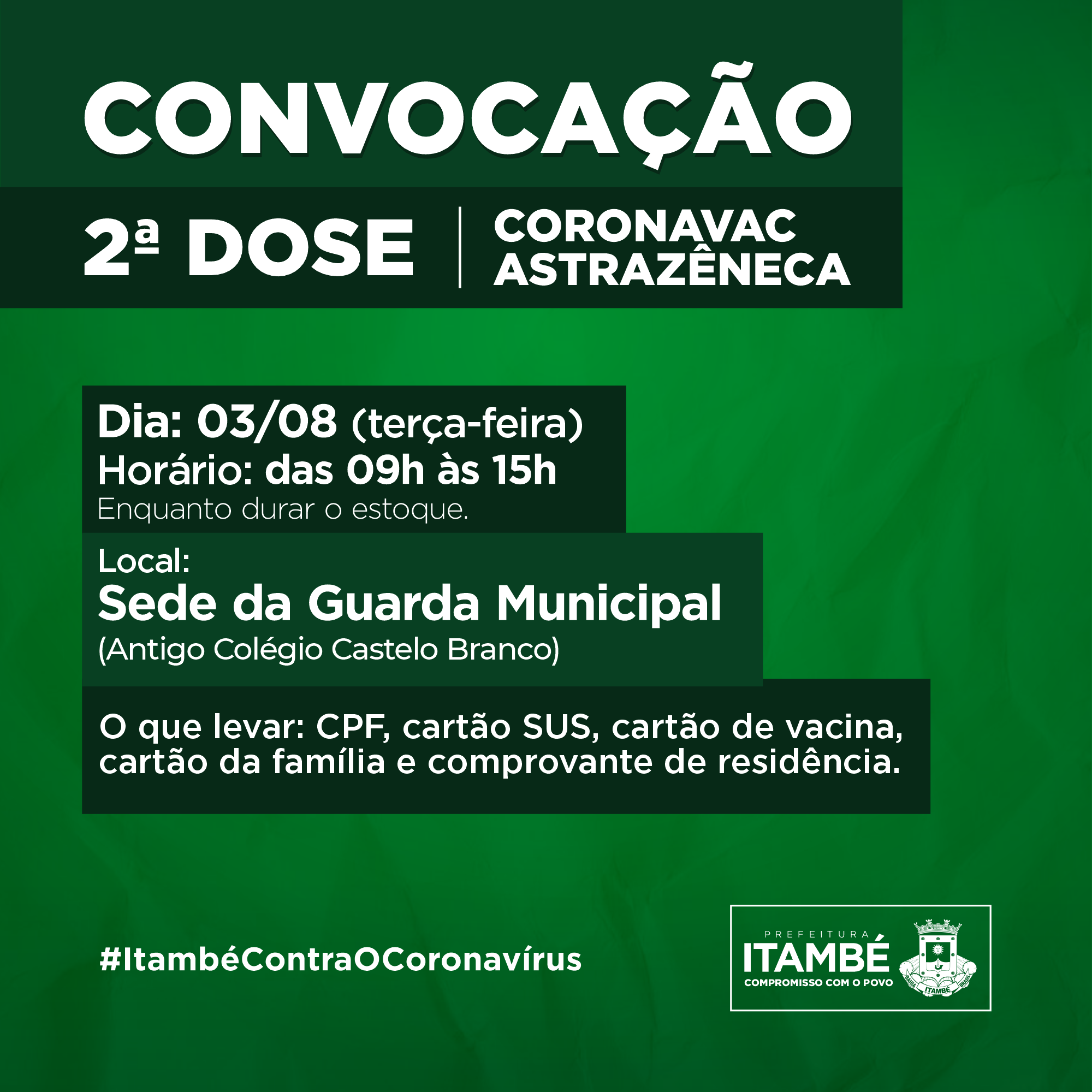 Itambé estará aplicando nesta terça (03) a segunda dose da vacina contra a Covid-19
