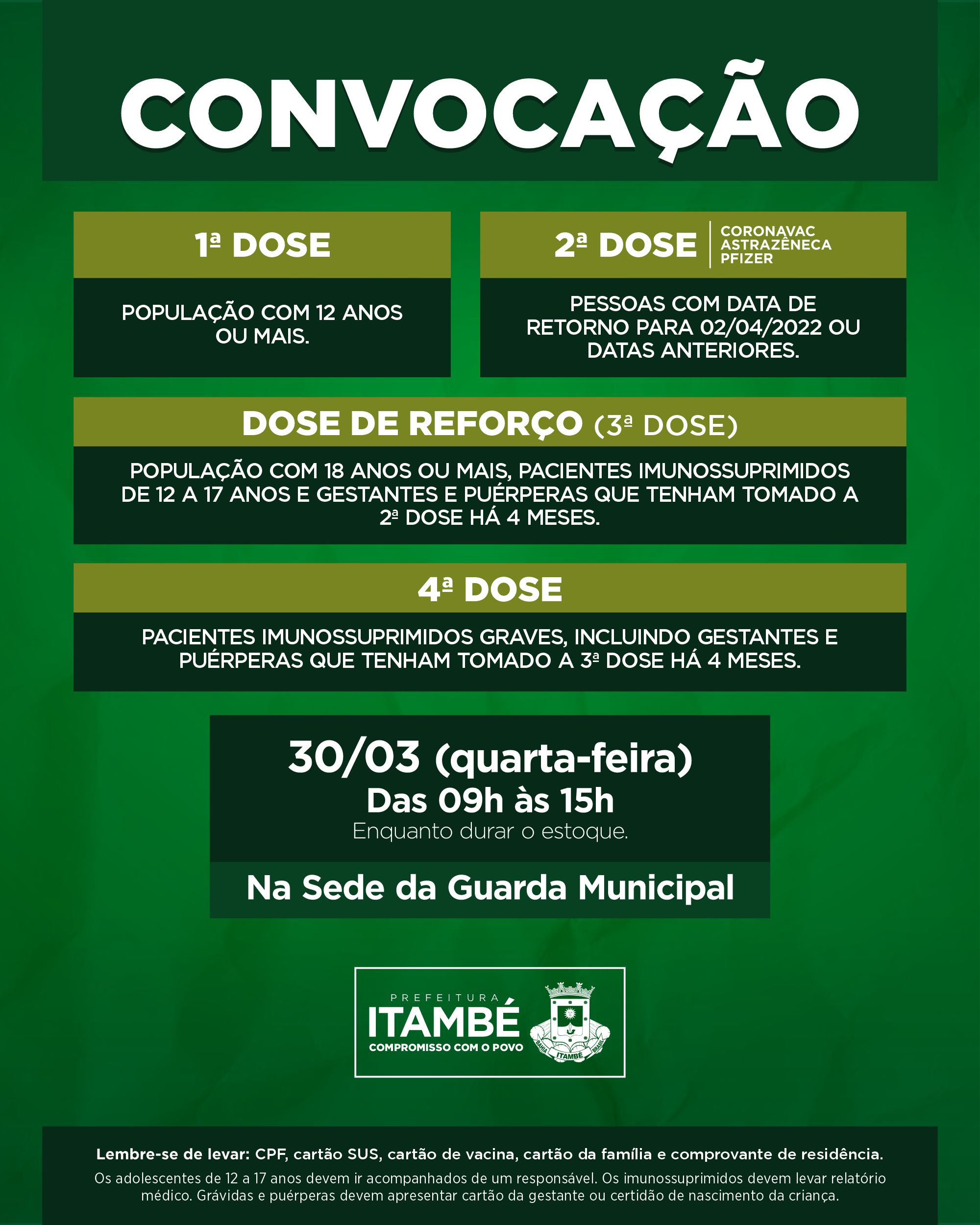 Nesta quarta (30), Itambé segue aplicando 1ª, 2ª, 3ª e 4ª contra a Covid-19