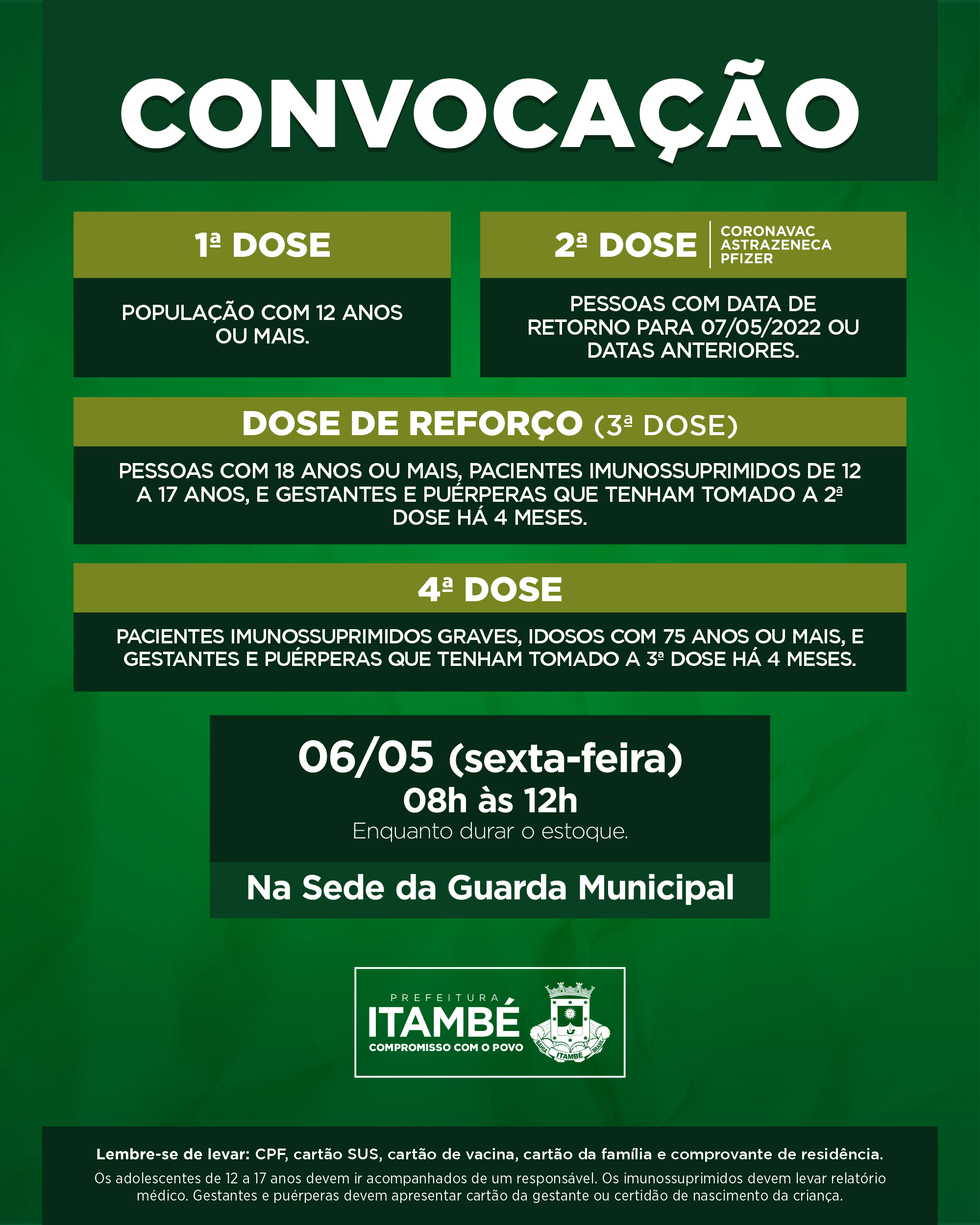 Nesta sexta (06), Itambé segue aplicando 1ª, 2ª, 3ª e 4ª contra a Covid-19