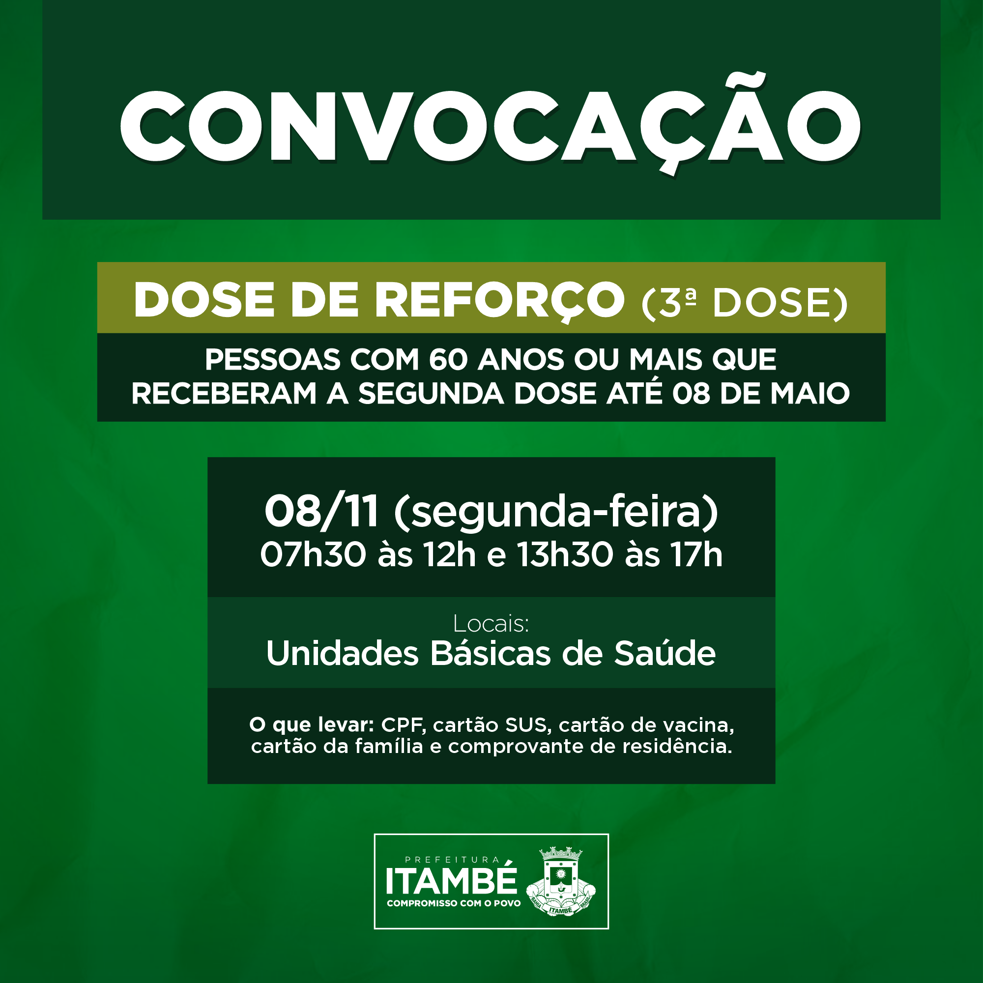 Na próxima segunda (08), todas as Unidades de Saúde estarão aplicando a dose de reforço em idosos acima de 60 anos