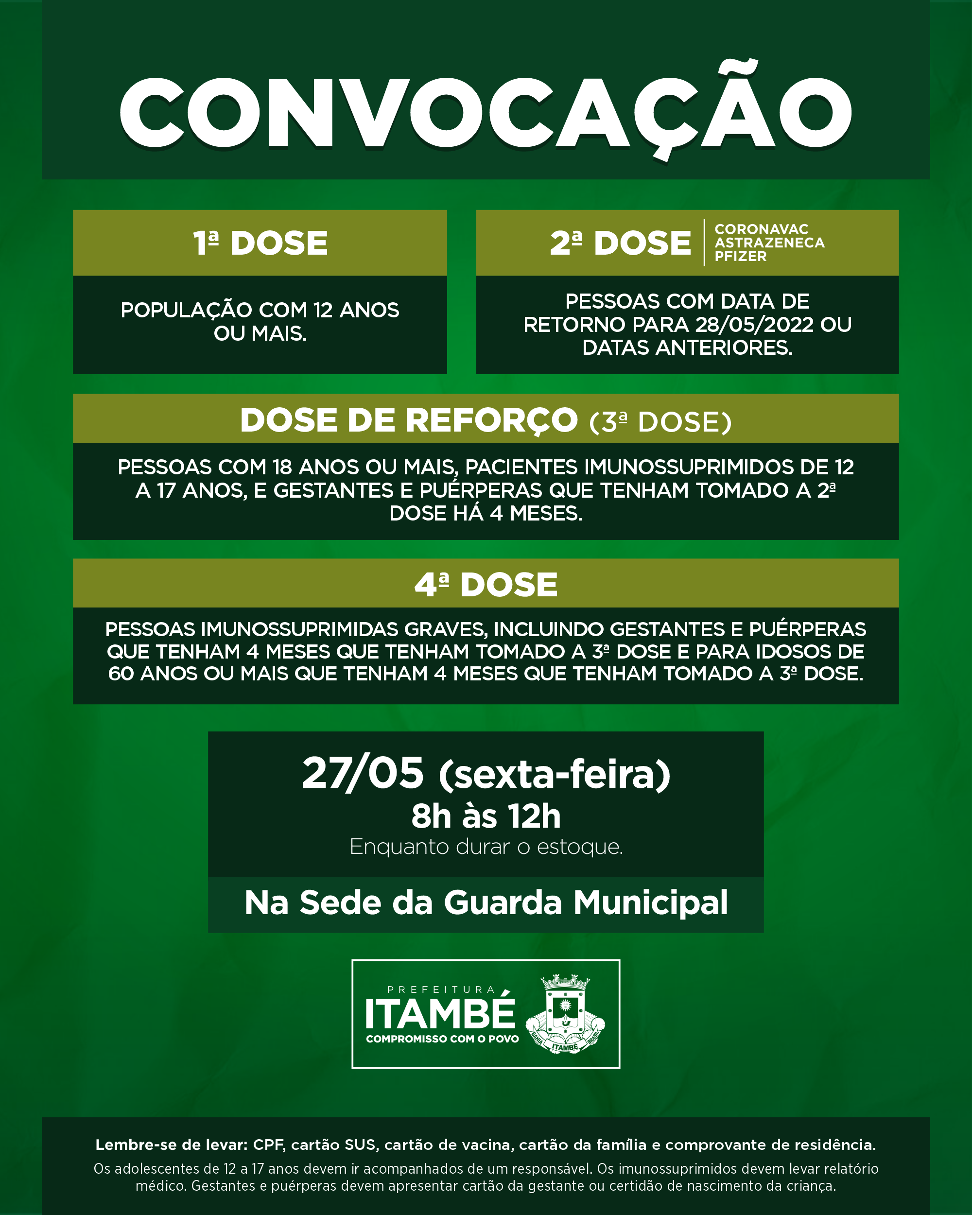 Nesta sexta (27), Itambé segue aplicando 1ª, 2ª, 3ª e 4ª contra a Covid-19