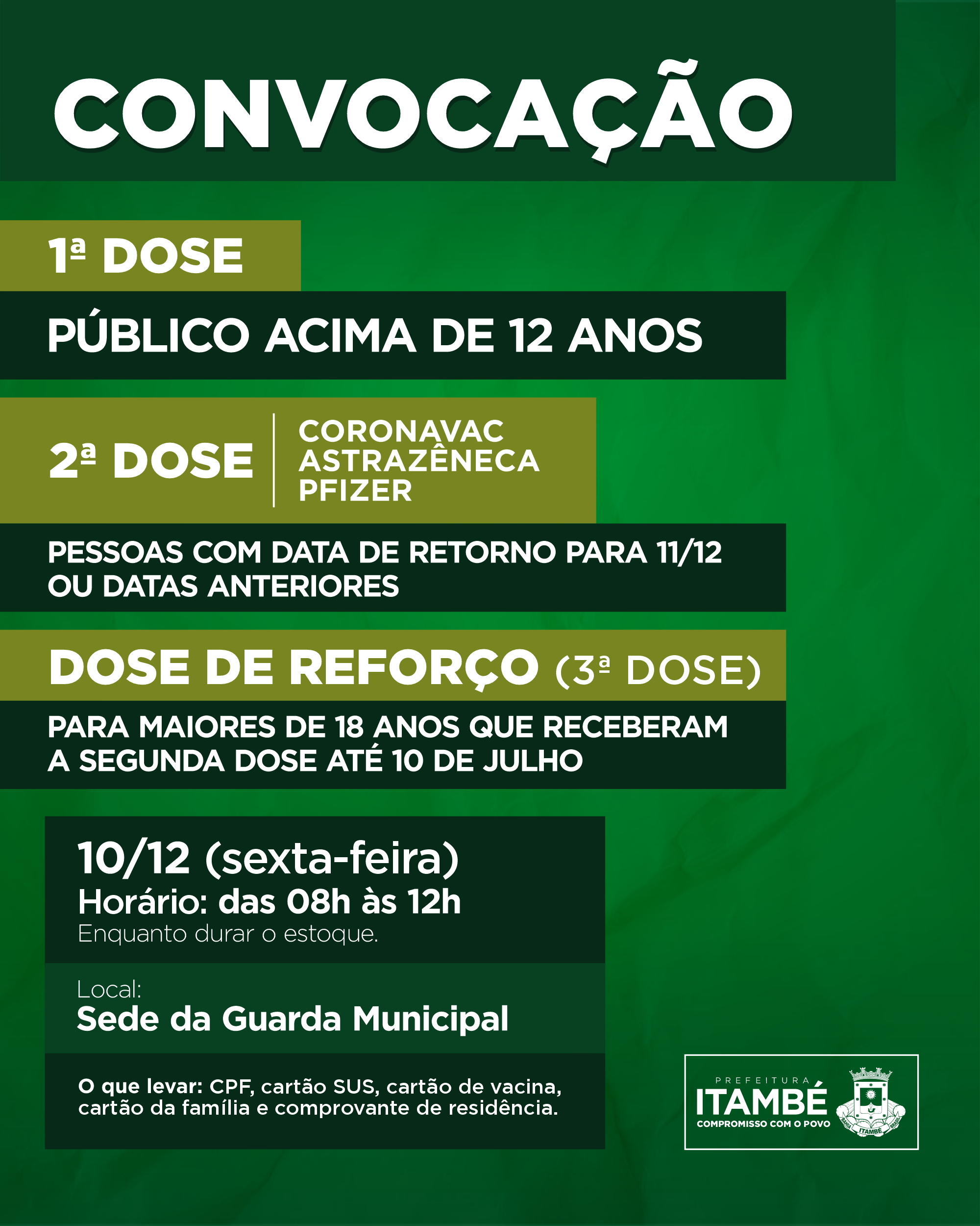 Nesta sexta (10), Itambé segue aplicando a 1ª, 2ª e dose de reforço contra a Covid-19