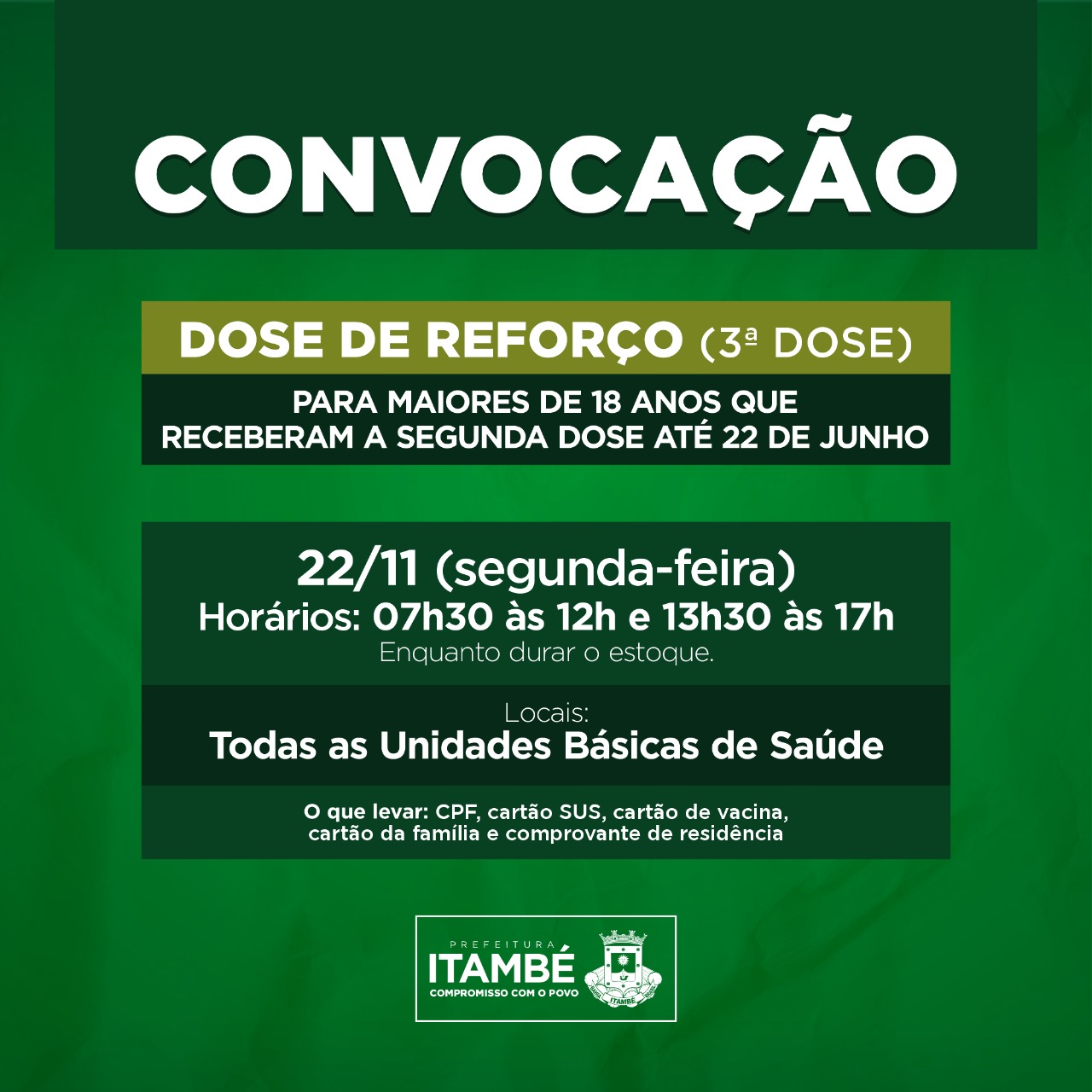 Na próxima segunda (22), todas as Unidades de Saúde estarão aplicando a dose de reforço no público acima de 18 anos