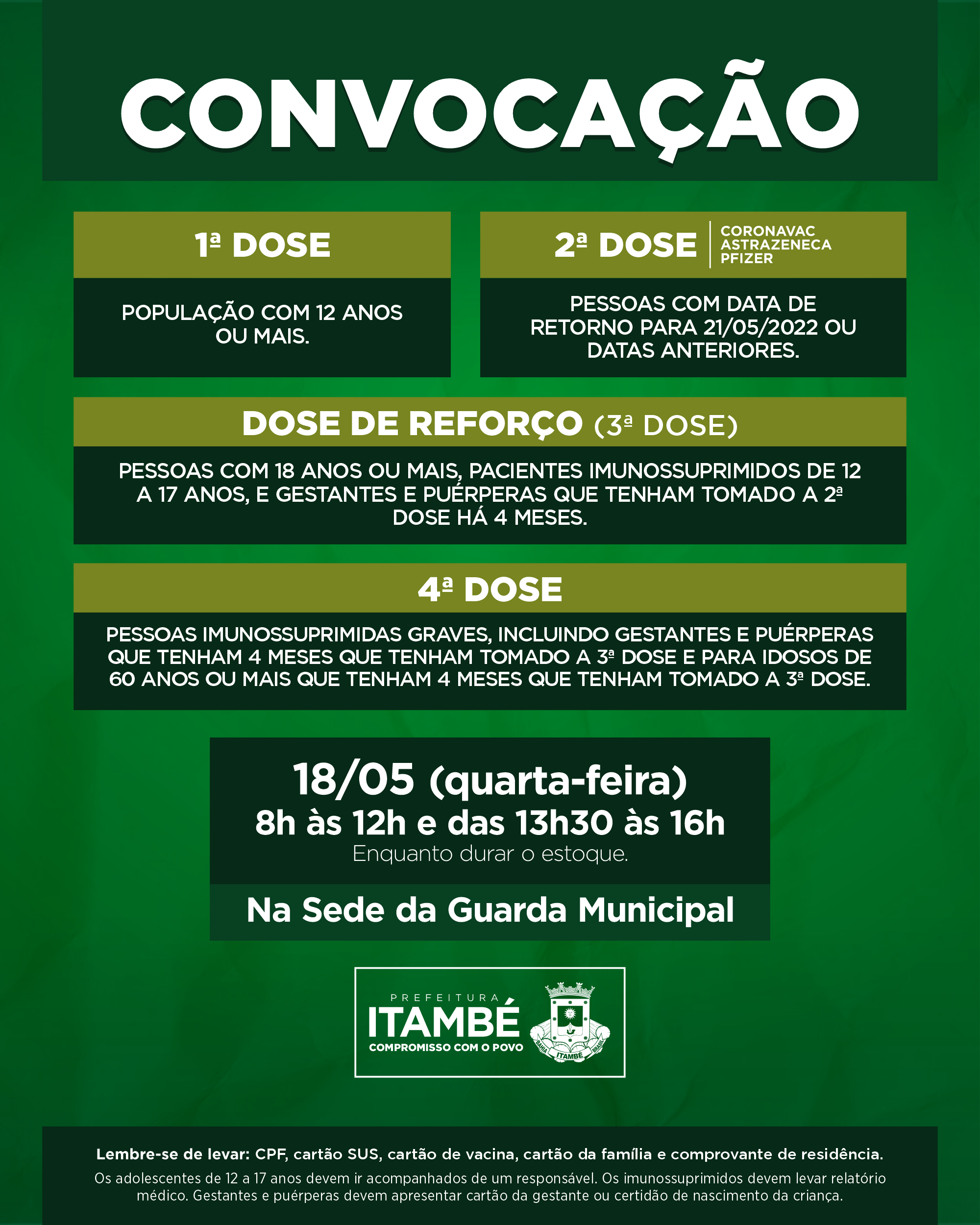 Nesta quarta (18), Itambé segue aplicando 1ª, 2ª, 3ª e 4ª contra a Covid-19