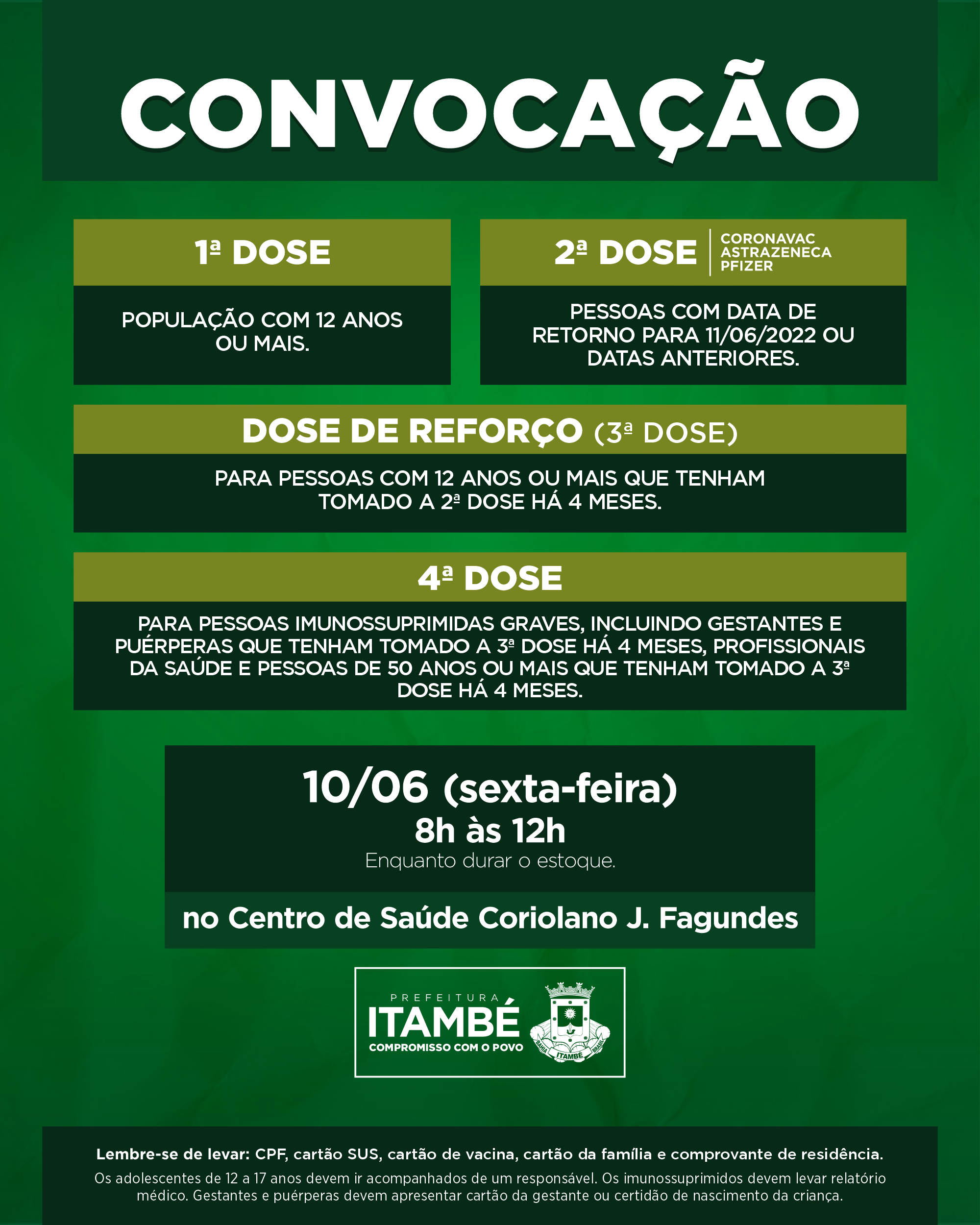 Nesta sexta (10), Itambé segue aplicando 1ª, 2ª, 3ª e 4ª contra a Covid-19