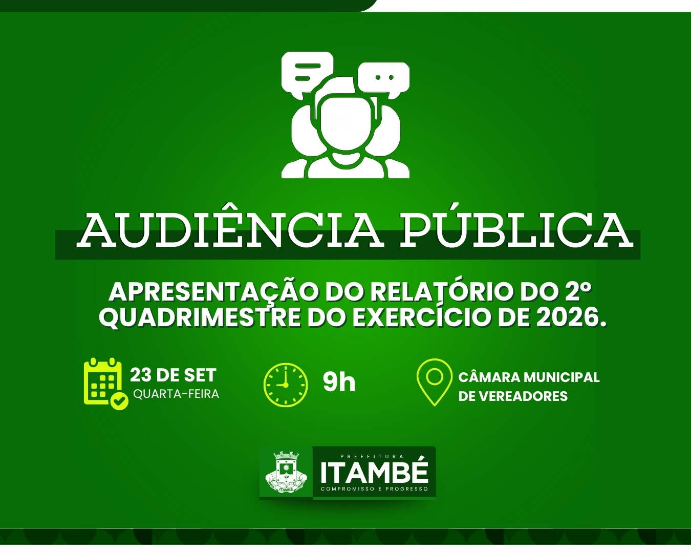 Prefeitura de Itambé convoca população para Audiência Pública do 2º Quadrimestre de 2026 nesta quarta-feira (23)